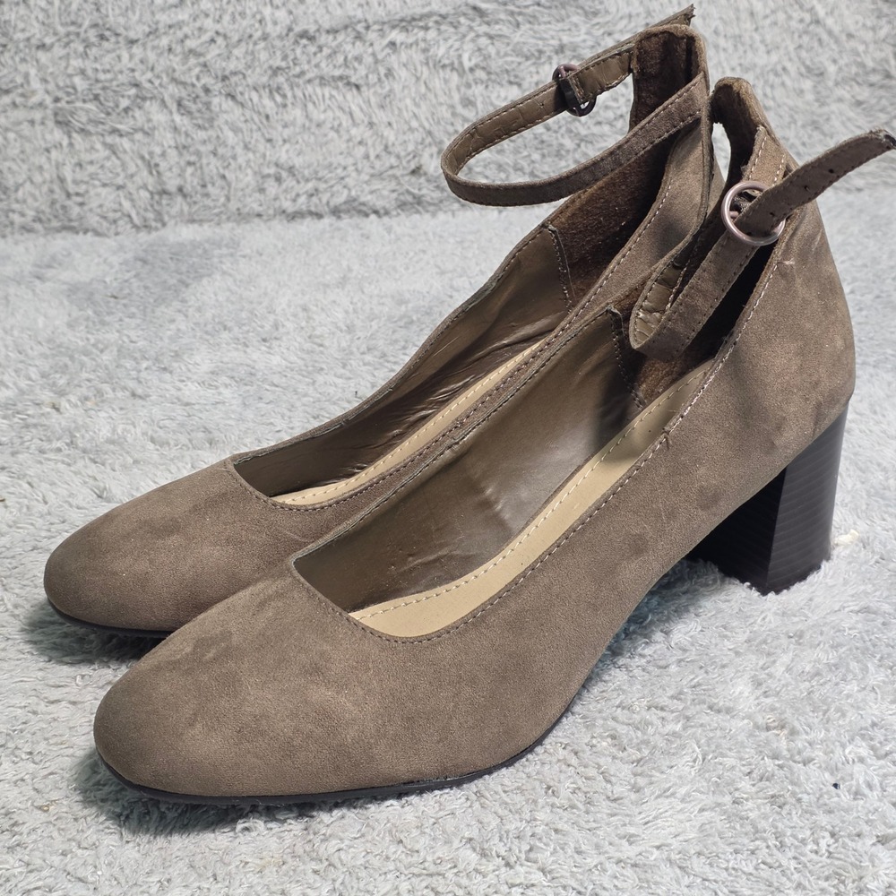 Solanz Ankle‎ Strap Pumps Taupe Faux Suede Block Heel Womens 11M Excellent